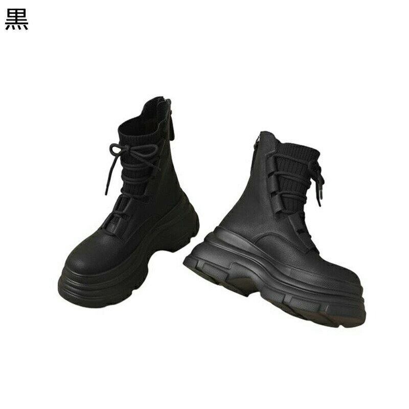 ショートブーツ ニット 騎士ブーツ ジョッキーブーツ カジュアルブーツ レディース ミドルヒール 粗いかかと ポプラットフォーム ラウンドトゥ ファスナー 短靴 可愛い 無地 身長UP 脚長