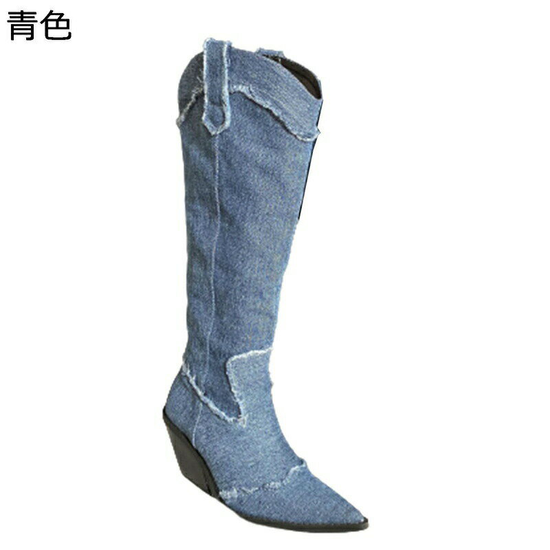 ウェスタンブーツ レディース ロングブーツ 切り替え ダメージ キャンバス 長ブーツ ジョッキー 騎士ブーツ ポインテッドトゥ 粗いかかと ミドルヒール ファスナー 身長UP 脚長 おしゃれ