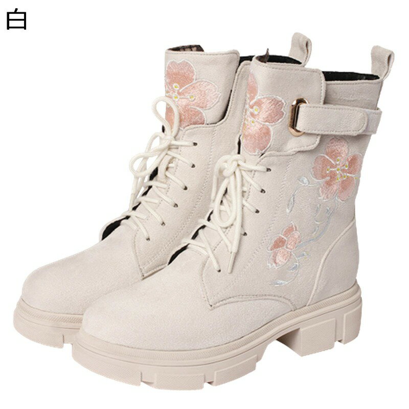 ショートブーツ 刺繍 花柄 花飾り レースアップ レディース ハイヒール ファスナー マジックテープ 短靴 厚底 ラウンドトゥ 防寒靴 チャンキーヒール 秋冬 lolita 滑り止め 可愛い 身長アップ