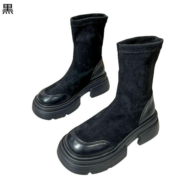 ショートブーツ 切り替え ストレッチ カジュアルブーツ レディース ミドルヒール 秋冬 粗いかかと スクエアトゥ ジップアップ 厚底 短靴 滑りにくい 可愛い 無地 細見え おしゃれ 歩きやすい