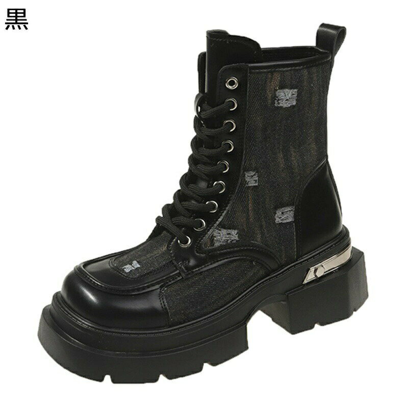 ショートブーツ 短靴 レディース カジュアルブーツ 短め デ二ム 切り替え レースアップ ジョッキーブーツ 金属 メタリック スクエアトゥ ミドルヒール 粗いかかと プラットフォーム 美脚