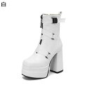 ショートブーツ 22.5-30.0cm 短め レディース 厚底ブーツ 甲ストラップ クロスストラップ ハイヒール ジップアップ 太ヒール スクエアトゥ lolita 原宿 ゴシック パンク ギャル 細見え