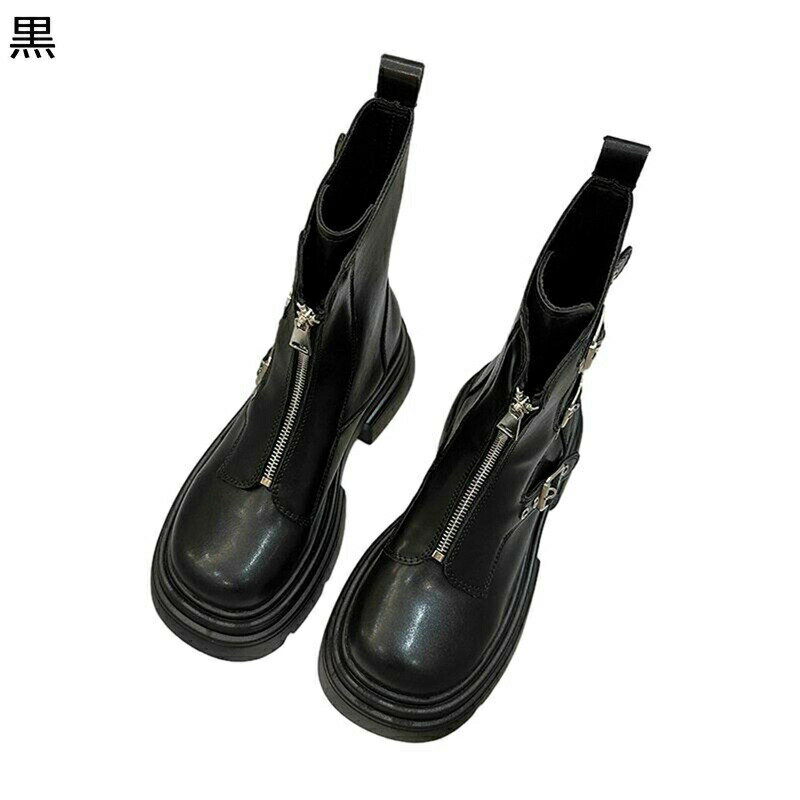 リングブーツ エンジニアブーツ レディース ショートブーツ モンクストラップ ベルト ミドルヒール スクエアトゥ 厚底 粗いかかと 秋冬靴 ジッパー 滑りにくい 柔らか 身長アップ 細見え