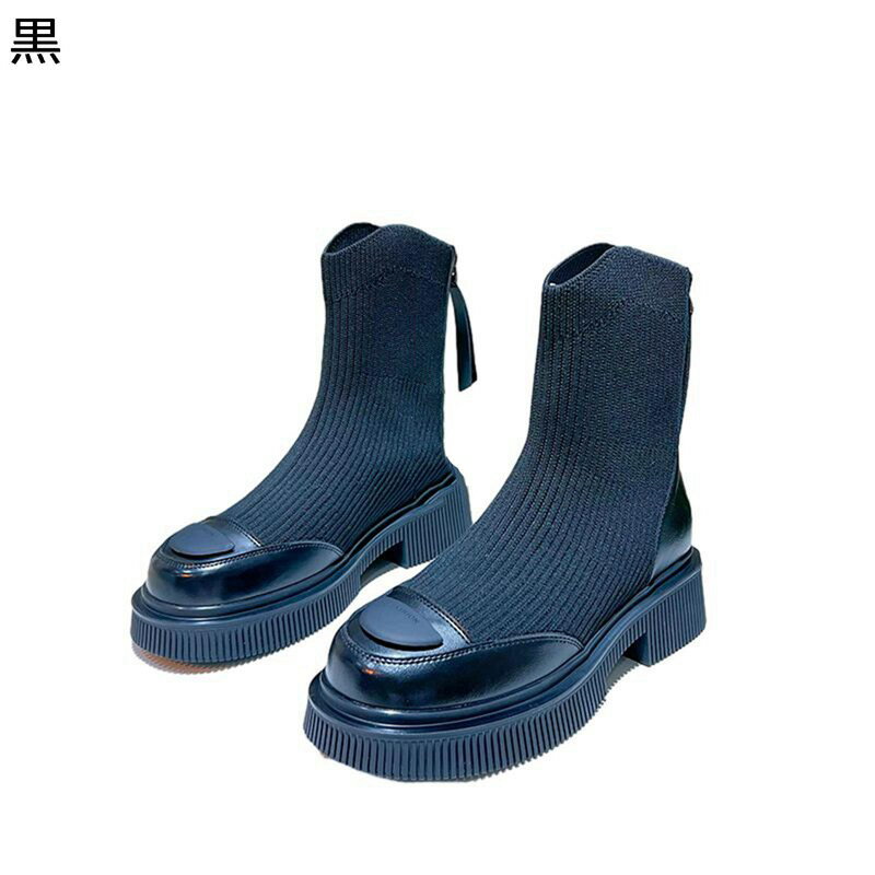 ショートブーツ レディース靴 カジュアルブーツ 短靴 ソックスブーツ ニットブーツ ファスナー ミドルヒール スクエアヒール ラウンドトゥ 厚底 秋 冬 美脚 滑り止め カジュアル 普段履き