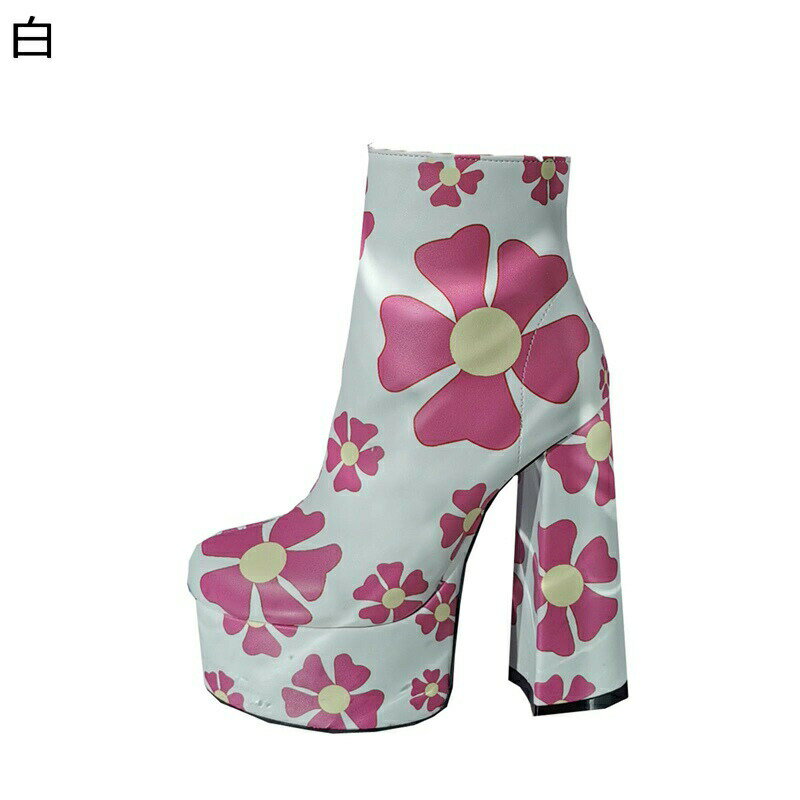 ショートブーツ ハイヒール 23.0-28.5cm 花柄 プリント レディース靴 カジュアルブーツ 短靴 厚底 チャンキーヒール ラウンドトゥ ジップアップ lolita 冬秋 美脚 滑りやめ やわらか 日常