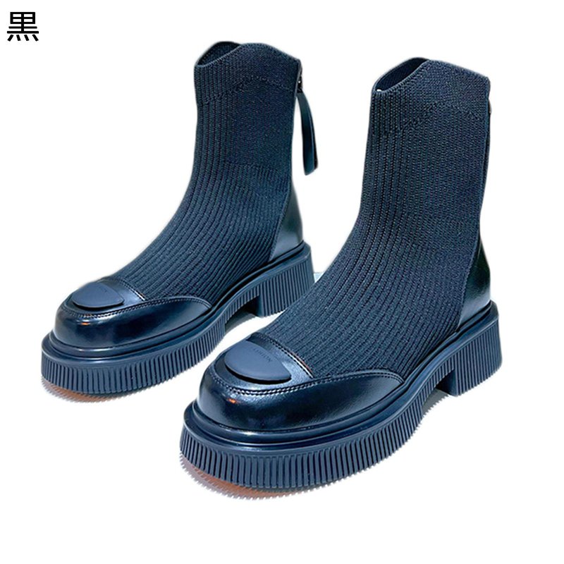 ソックスブーツ ニットブーツ ショートブーツ カジュアルブーツ レディース ミドルヒール ジップアップ チャンキーヒール ラウンドトゥ 厚底 短靴 摩擦に強い 可愛い シンプル 身長UP