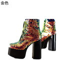 ショートブーツ 22.5-28.0cm スパンコール カジュアルブーツ レディース レースアップ 短靴 チャンキーヒール 防水台 厚底 ラウンドトゥ きらきら 原宿 ギャル 欧米風 夜店 細身 通勤 日常