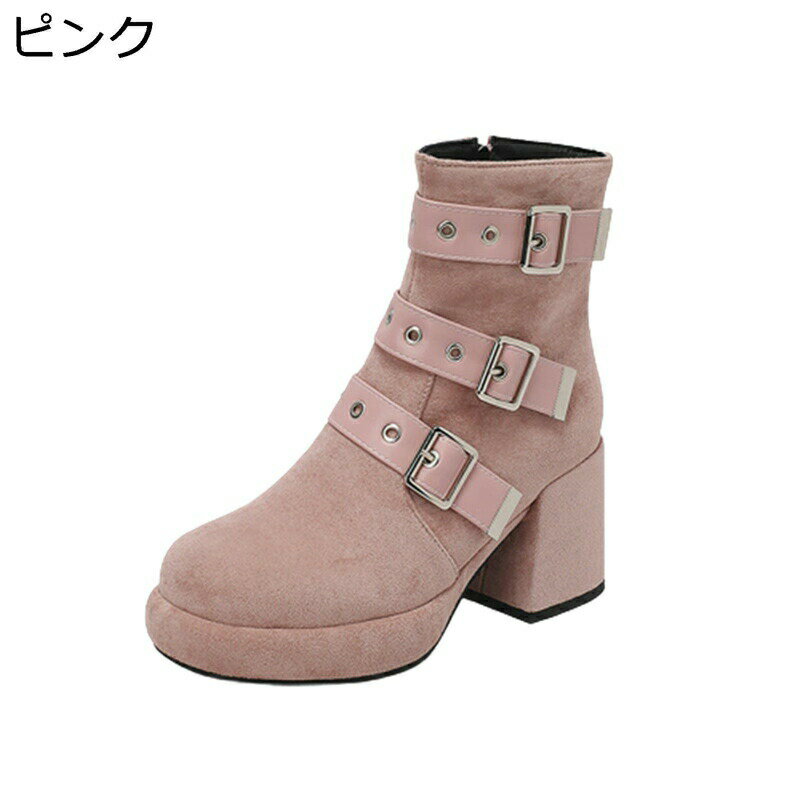 ショートブーツ 短靴 レディース 甲ストラップ バックル フェイクスエード カジュアルブーツ ショート 可愛い パンク 秋冬 ミドルヒール ラウンドトゥ 太ヒール ジップアップ 美脚 日常