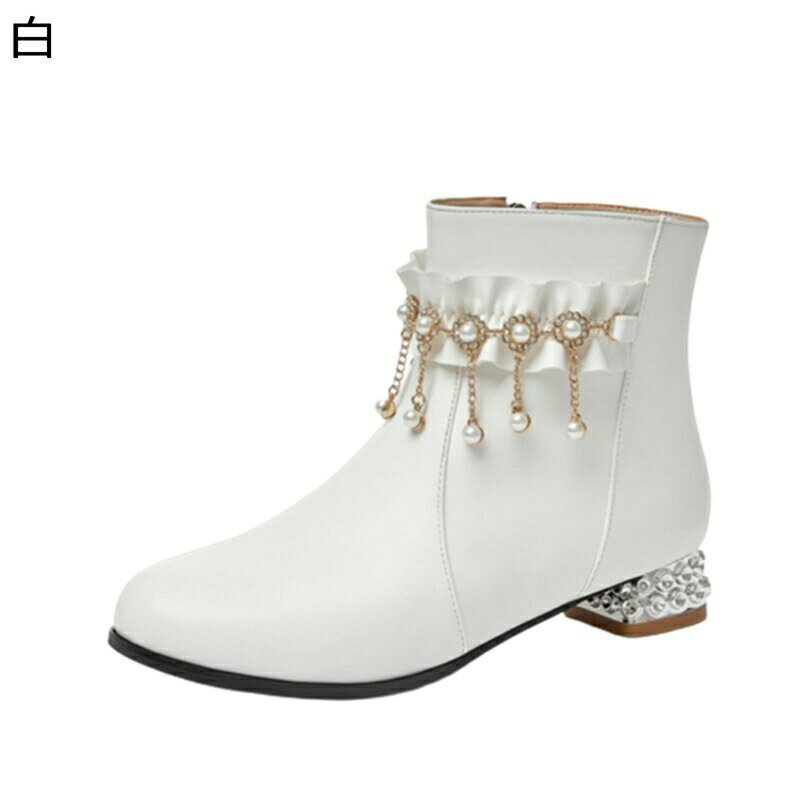 ロリータブーツ 秋 冬 ショートブーツ ラインストーン レディース 真珠 パール ダイヤ式 コスプレ靴 大きいサイズ ミドルヒール スクエアヒール アーモンドトゥ ファスナー 短靴 可愛い