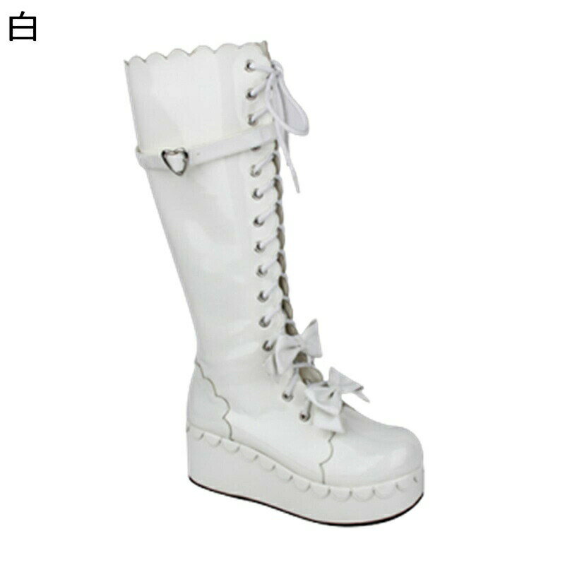 ロングブーツ レディース 編み上げ 蝶結び 大きいサイズ 甲ストラップ リボン ラウンドトゥ プラットフォーム ウェッジヒール 秋 冬 身長アップ cosplay lolita 可愛い 足細 おしゃれ クッション