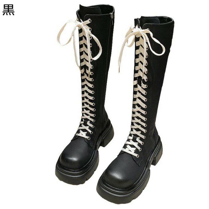編み上げ レディース ロング丈 ジョッキーブーツ 秋冬靴 レースアップ ミドルヒール ラウンドトゥ 粗いかかと 厚底 ジップアップ 滑り止め 走れる 安定感 身長アップ おしゃれ 柔らかい