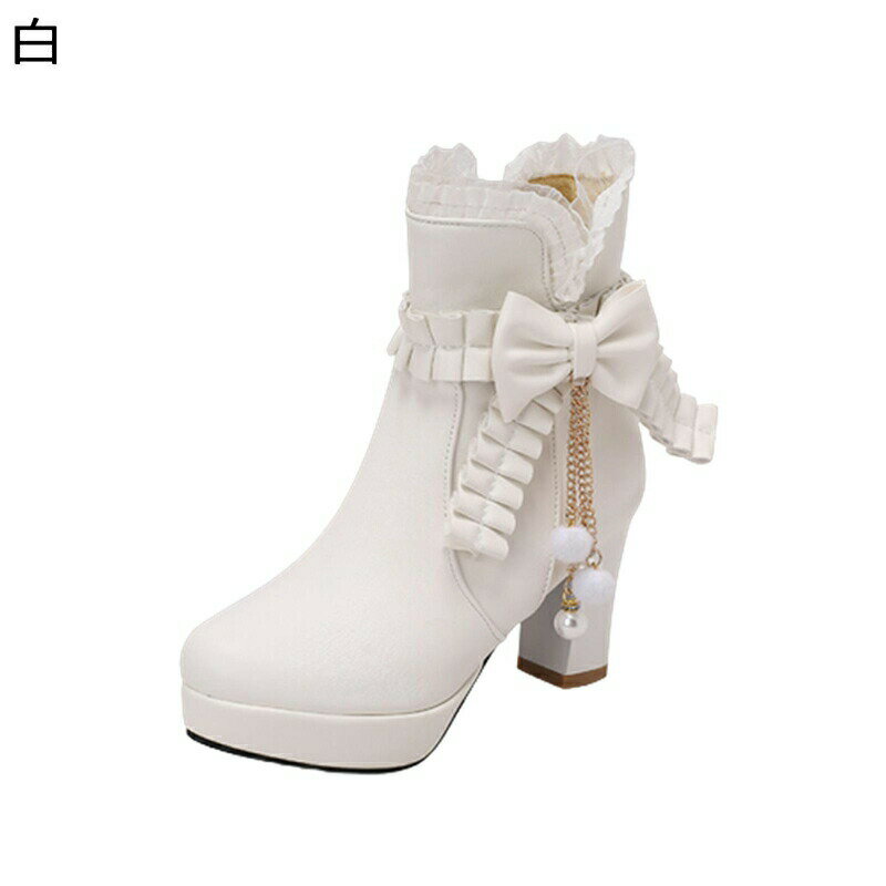 ショートブーツ レディース ロリータブーツ レース 蝶結び リボン 真珠 パール 秋冬 大きいサイズ ミドルヒール 粗いかかと アーモンドトゥ 短靴 可愛い lolita 二次会 文化祭 美脚 おしゃれ