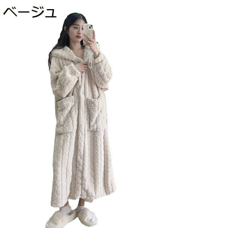 ナイトガウン フード付き フリース ネグリジェ もこもこ ロング 厚手 秋冬 レディース ルームワン
