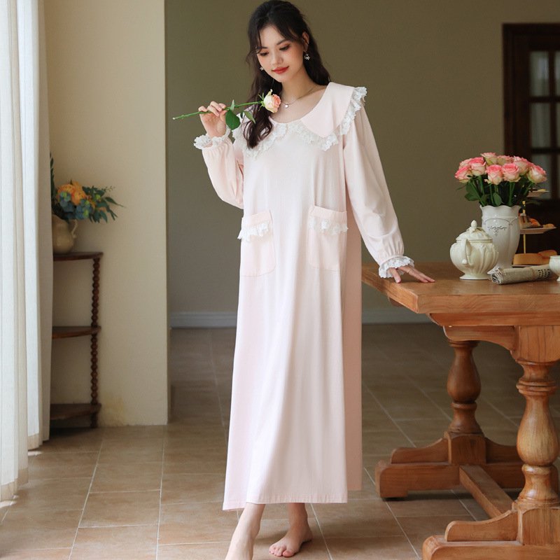 綿 ネグリジェ レディース ルームワンピース パジャマ 折り襟レース ルームウェア ロング お寝巻き ロング丈 秋冬 姫系 可愛い レースフリル 敏感肌 長袖 ふんわり ロングワンピース ゆったり お姫様