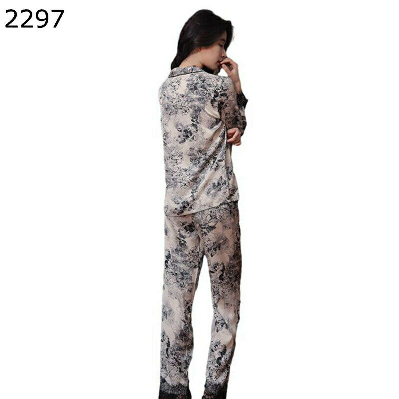 花柄 シルク風 ルームウェアセット レース レディース パジャマ 長袖 前開き 寝巻き 婦人 レーヨン 上..