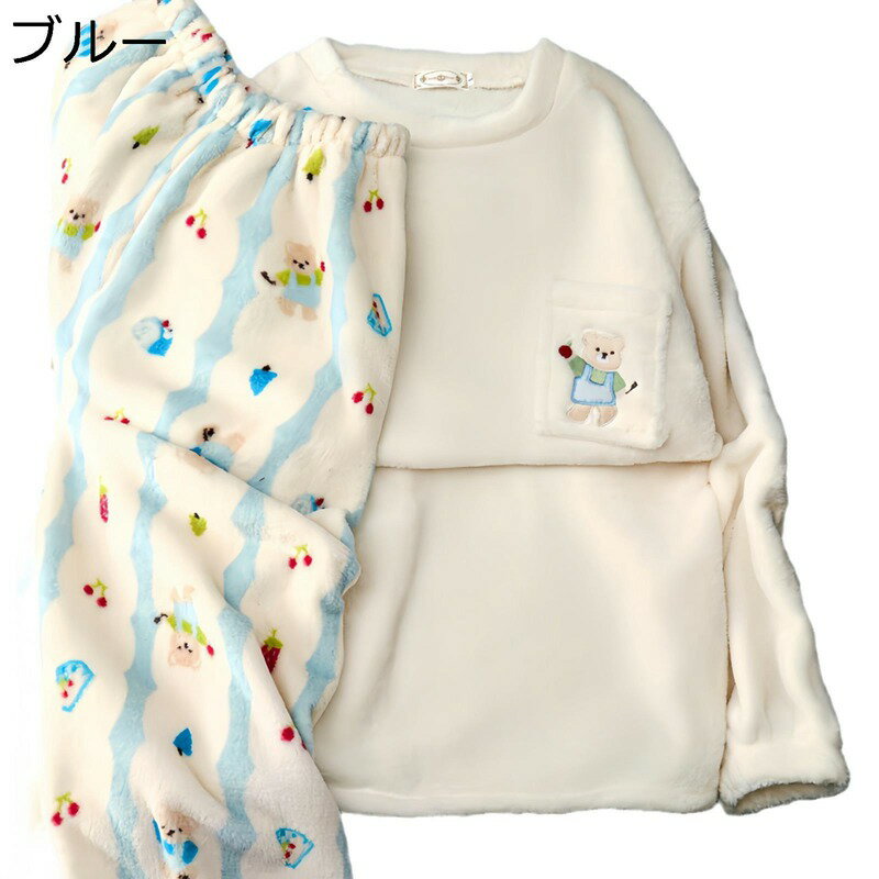 ネルパジャマ レディース ストライプ柄 クマ ルームウェア 部屋着 2点セット プルオーバー 長袖 ロングパンツ 秋冬用 サンゴネル 前開き もこもこ かわいい 厚地 ゆったり スウェット加工