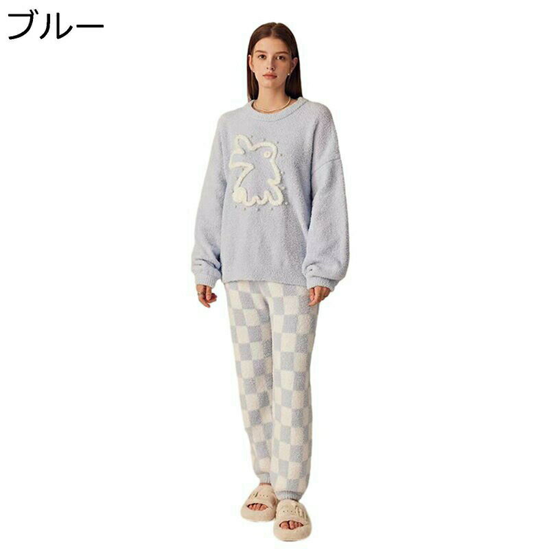 ウサギ柄 ラウンドネック プルオーバープル パジャマ もこもこ レディース ボアフリース 可愛い ルームウェア 二点セット 厚手 秋冬 保温 部屋着 便利服 暖かい カットソー ふんわり 快眠 冬用