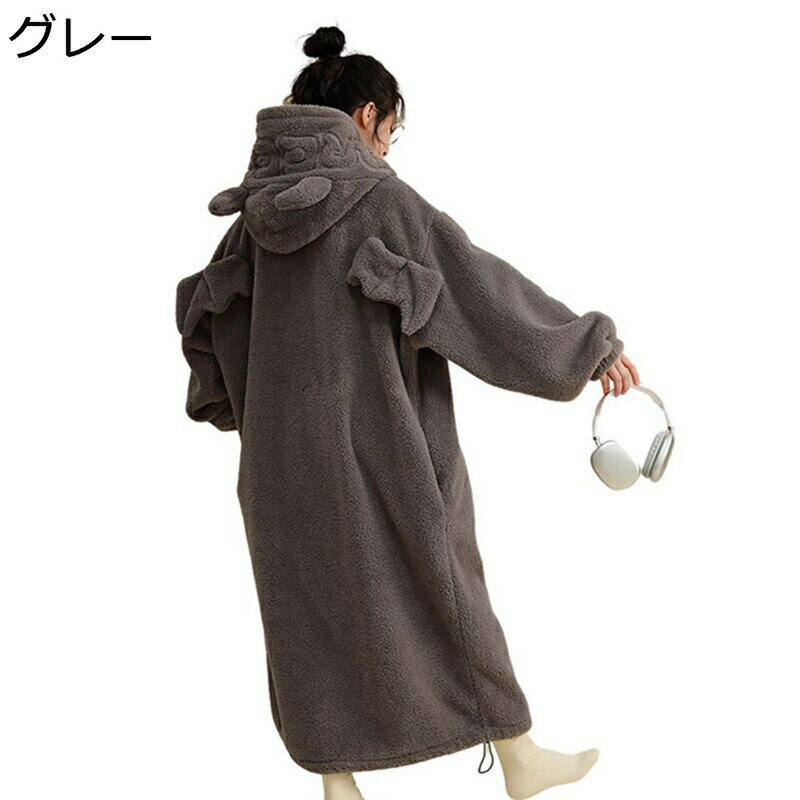 ナイトガウン 着る毛布 レディース フード付き 悪魔角 翼 ネグリジェ 厚手 男女兼用 ルームウェア フリース ロング丈 ルームワンピース もこもこ 厚手 保温 部屋着 暖かい 可愛い 男女兼用 便利服 防寒