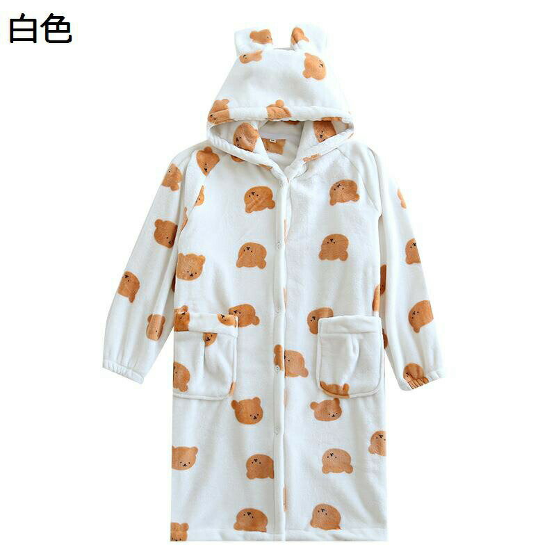 ナイトガウン フランネル レディース クマ柄クマ耳 フード付き 厚手 ネグリジェ 厚手 ルームワンピース 保温 ふわもこ 寝巻き 前開きボタン 部屋着 便利服 ローブ マタニティウェア 産後 防寒 冷え対策