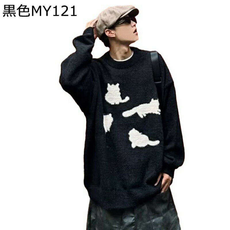 メンズ フリースボア 猫柄 ジャケット 厚手 秋服 冬着 セーター スウェット プルオーバー 長袖 丸首 かわいい 男女通用 スタジャン ウインドブレーカー 綿服 アウター 防寒着 暖かい