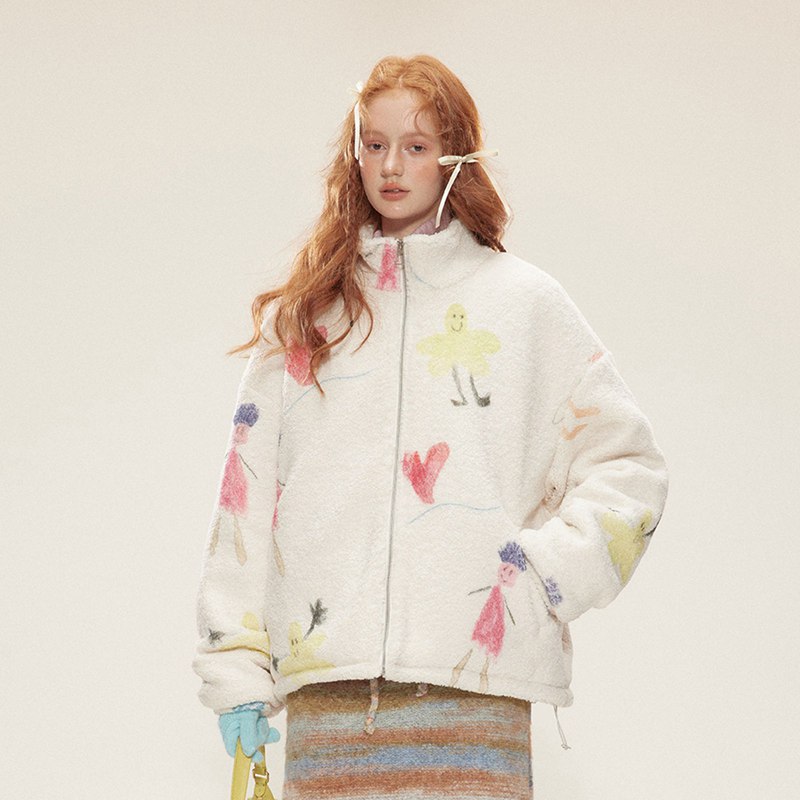 フリースボア ジャケット 落書き柄 面白い ジップアップブルゾン コート メンズ 秋服冬服 厚手 スタジアムジャンパー スタジャン 綿服 裏起毛 オーバーサイズ 着痩せ カジュアル 防寒 保温 防風 ベージュ