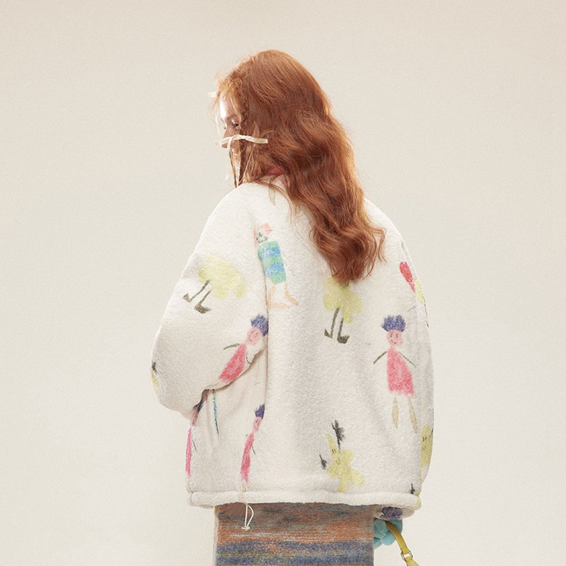 フリースボア ジャケット 落書き柄 面白い ジップアップブルゾン コート メンズ 秋服冬服 厚手 スタジアムジャンパー スタジャン 綿服 裏起毛 オーバーサイズ 着痩せ カジュアル 防寒 保温 防風 ベージュ