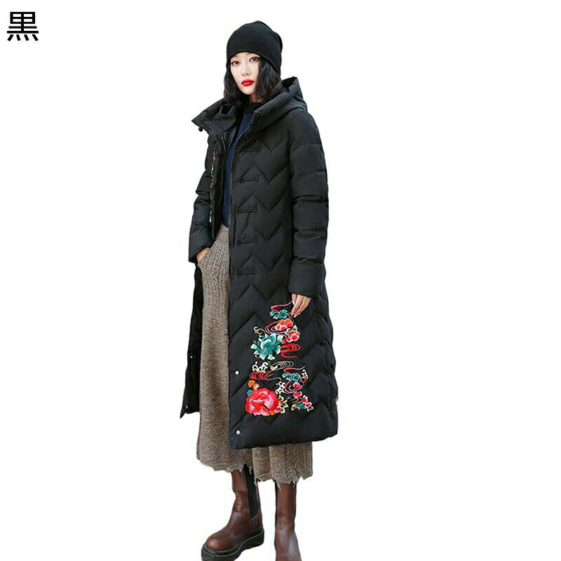 アウタージャケット 刺繍 花柄 花 ロングコート 膝下長 タートルネック レディース 婦人服 シニアアウター 中綿 フード付き ジップアップ 長袖 綿服 上着 トップス 婦人 シニア 秋 冬 50-70代
