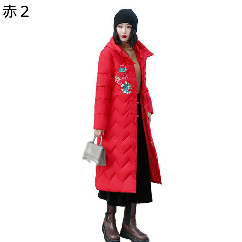 アウタージャケット 刺繍 花柄 花 ロングコート 膝下長 タートルネック レディース 婦人服 シニアアウター 中綿 フード付き ジップアップ 長袖 綿服 上着 トップス 婦人 シニア 秋 冬 50-70代