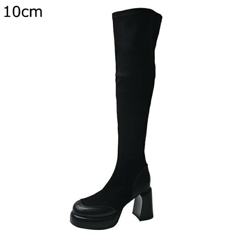 ロングブーツ チャンキーヒール9cm/10cm オーバーニーハイブーツ ハイヒール ストレッチ 弾力性 レディースシューズ 秋冬靴 セクシー 撥水 長ブーツ 細見え 膝上丈 履きやすい きれいめ ブラック