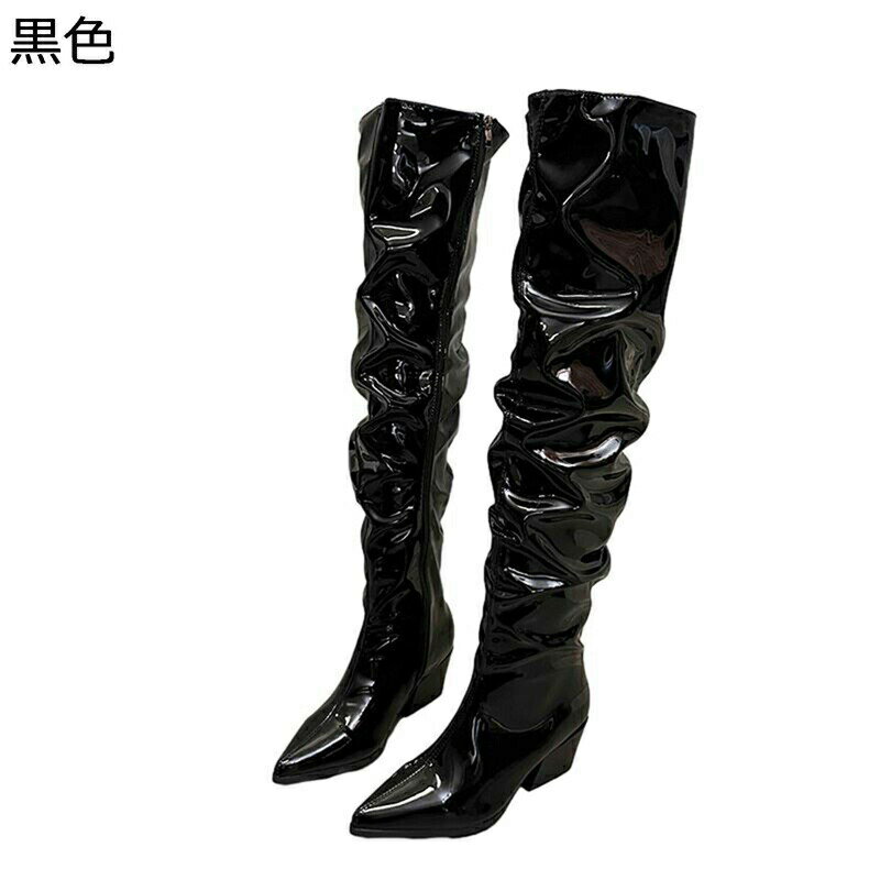 ロングブーツ オーバーニーハイブーツ レディース ハイヒール6cm エナメル ドレープ 粗いかかと ポインテッドトゥ 秋冬 長ブーツ 長靴 カジュアル 保温 女子力 美脚 痛くない ダンス