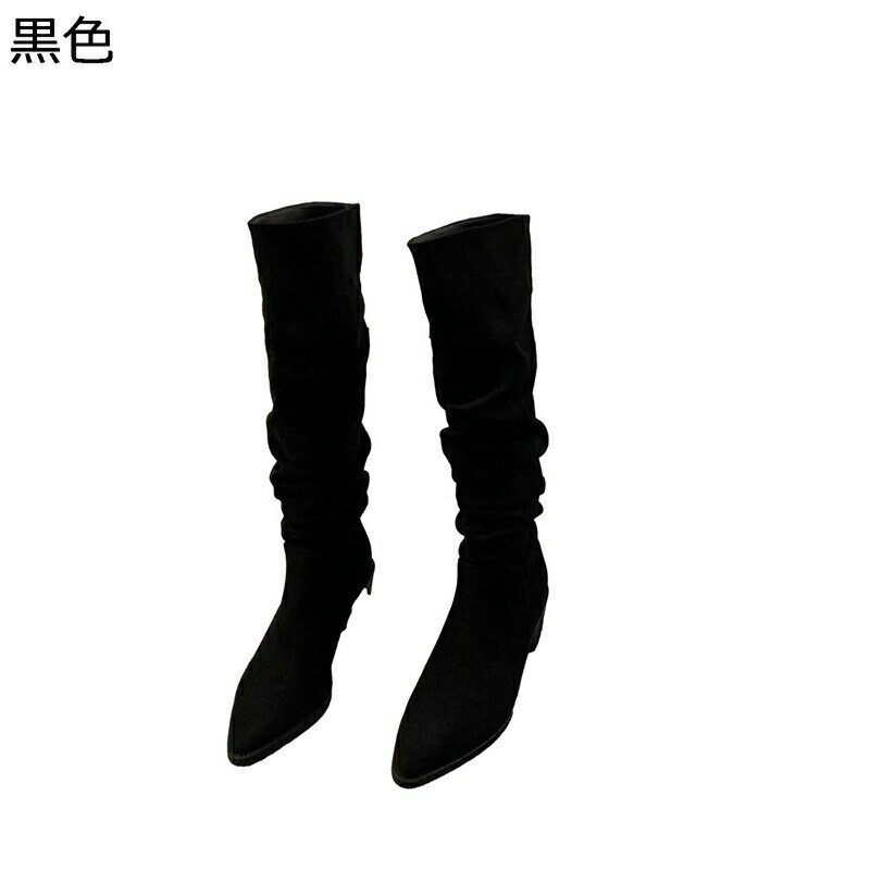 ロングブーツ ハイヒール5cm スエード ポインテッドトゥ ドレープ レディース 秋靴 冬靴 長ブーツ 脱げない くしゅくしゅ 防水 無地 快適 コンフォート 美脚 無地 シンプル カーキ ブラック