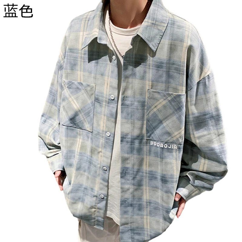カジュアルシャツ メンズ ブルー イエロー チェック柄 開襟 長袖 胸ポケット ゆったり アウター ジャケットシャツ 春秋服 重ね着シャツ コート 薄め 体型カバー ファッション 快適 軽薄 通気吸汗 羽織(4)