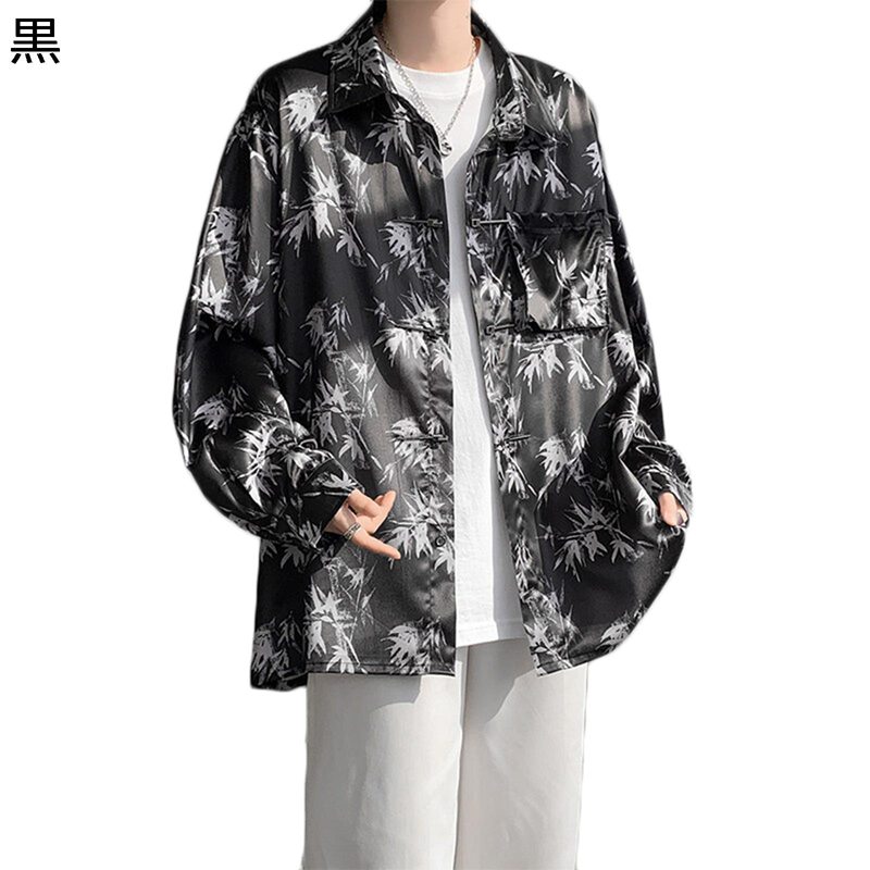 メンズ カジュアルシャツ 長袖シャツ 中華風 和風 竹柄プリント シャツジャケット 総柄 開襟 日焼け止め シンプル 光沢感 窮屈感のない..