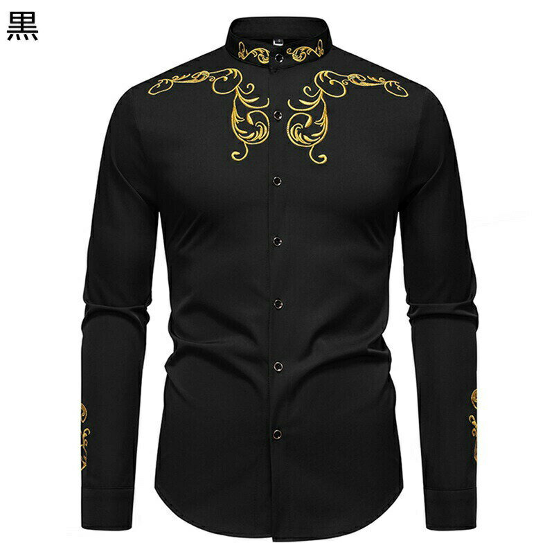長袖シャツ メンズ カジュアルシャツ 花柄刺繍飾り 欧風 ヴィンテージ シャツアウター 立て襟 フィット 春夏秋 速乾通気 吸汗 シャツアウター コーディネート ファッション 純色 通勤通学 外出