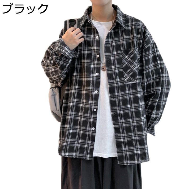 チェック柄 開襟シャツ 長袖 シャツジャケット メンズ カジュアル M-5XL ブラウス 春服 折襟 大きいサ..