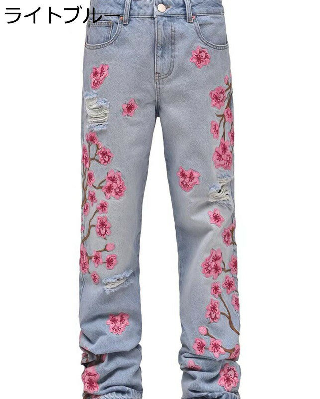 ジーンズ ダメージ加工 梅柄 メンズ デニムパンツ 細見 スキニーパンツ 刺繍 ロングパンツ お洒落 オリジナル 春夏秋冬 長ズボン バイカージーンズ 紳士用 動きやすい トレンド ライダース 薄手
