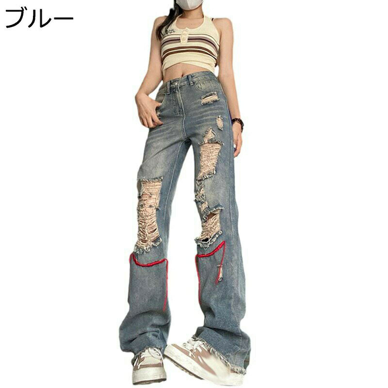 Gパン メンズ レディース ズボン ロングパンツ ダメージ風 割れ目 ワイド デニムパンツ ジーパン ジーンズ 春夏 ハイウェスト ヴィンテージ 原宿系 ストリート ストレート 着痩せ 爽やか ユニセックス 旅行