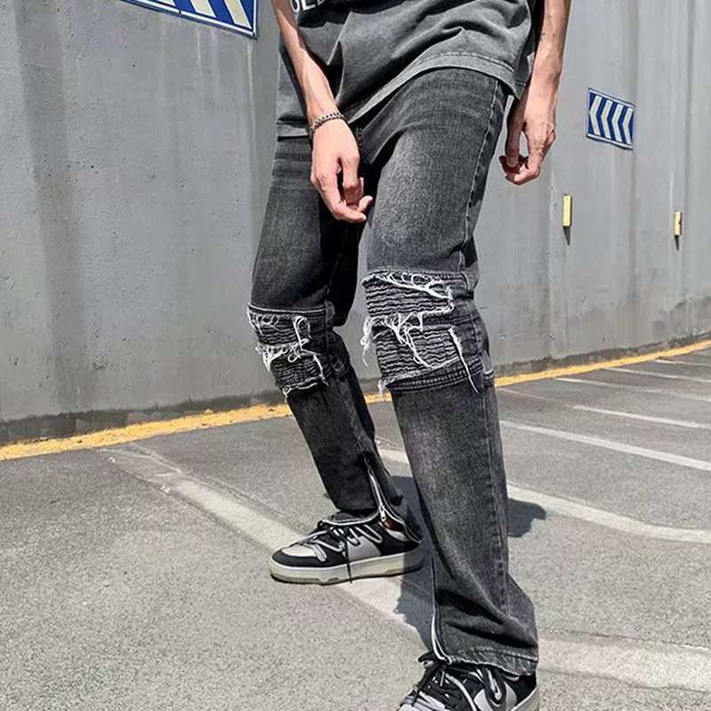 ジーンズ ダメージ デニム メンズ デニムパンツ 前開きジッパー Gパン 韓国風 ビンテージ風 デザインデニムパンツ ジーパン 着心地 耐摩耗 ボリューム感 ルーズ ロングパンツ 春夏秋着 お出掛け ズボン