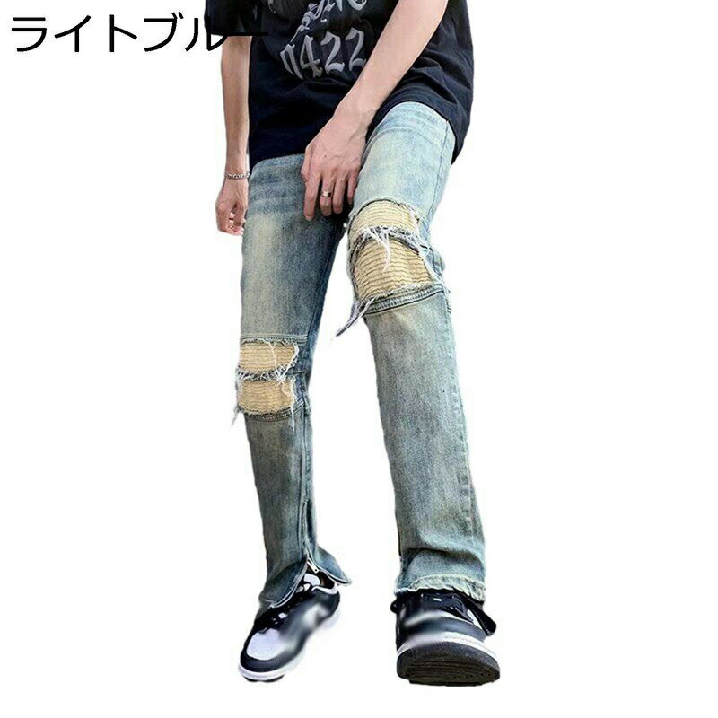ジーンズ ダメージ デニム メンズ デニムパンツ 前開きジッパー Gパン 韓国風 ビンテージ風 デザインデニムパンツ ジーパン 着心地 耐摩耗 ボリューム感 ルーズ ロングパンツ 春夏秋着 お出掛け ズボン