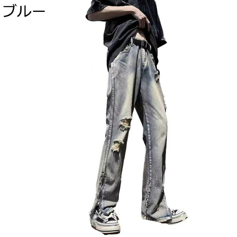 メンズ ダメージ S-3XL デニムパンツ ワイドパンツ フレア ダメージデニム 薄い ロングパンツ ストレート リラックス ストリート系 V系 韓国 ジーンズ gパン オールシーズン おしゃれ 丈夫で長持ち 街着 デイリー