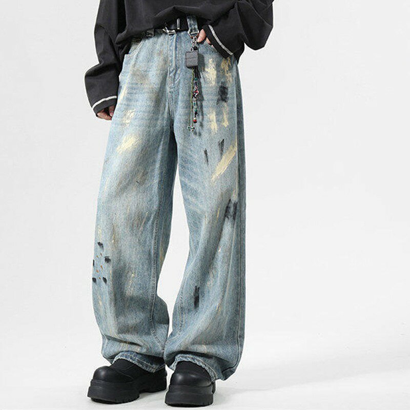 アメカジ 春秋 ジーンズ ズボン バギーパンツ メンズ 落書き ワイドルーズ デニムパンツ ジーパン フルレングス お洒落 軽い 柔らか ストリートモード系 個性的 V系 hip hop デザイン 動きやすい 普段 通勤通学