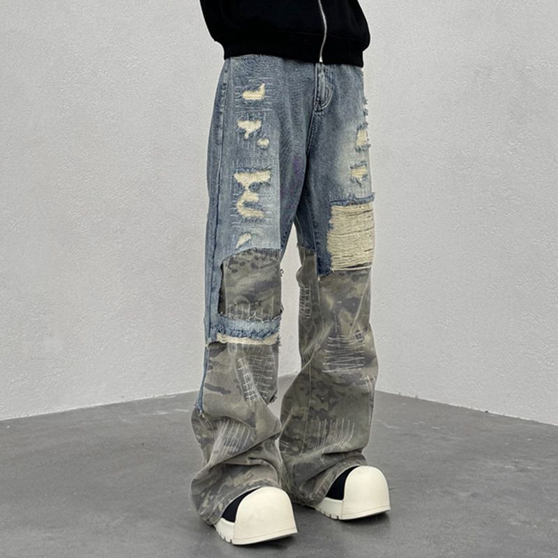 ダメージジーンズ デニムパンツ メンズボトムズ ワイドパンツ 迷彩柄 パッチワーク Gパン ジーパン 前開きファスナー b系パンツ リラックスパンツ アメリカン ストリート系 ガウチョパンツ ヒップホップ かっこいい