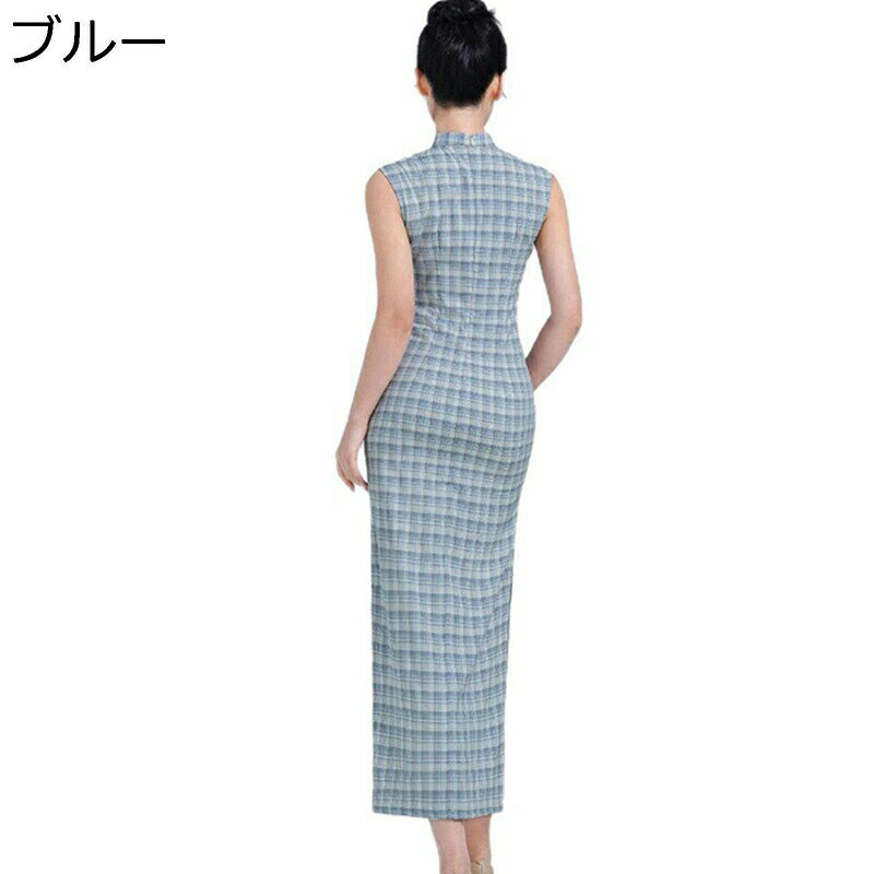 チャイナ服 レディース チャイナドレス ワンピース チェック柄 プリント ノースリーブ ファッション エレガント ロング丈 改良チーパオ スリット チャイナ風 春夏 彼女 美脚 写真?影