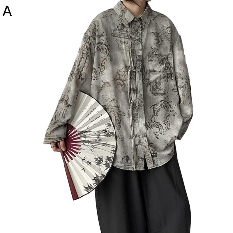 中華服 プリントシャツ メンズ 長袖 チャイナジャケット 表演服 チャイナボタン 春秋アウター 耐摩耗 ..