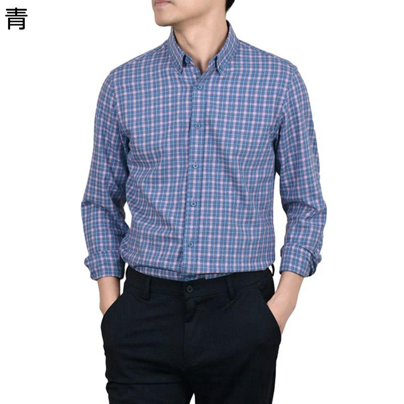 メンズシャツ 開襟シャツ 綿混紡 ビジネスシャツ チェック柄 ブルー グレー 長袖 春服 秋着 重ね着 流..
