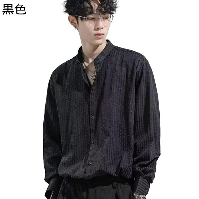 長袖シャツ メンズ カジュアルシャツ 開襟 黒 ブラック ハイネック 立ち襟 ストライプ 流行 トレンド おしゃれ 春秋 着痩せ 重ね着 柔らか 肌にやさしい 通勤通学 日常 普段着 かっこいい