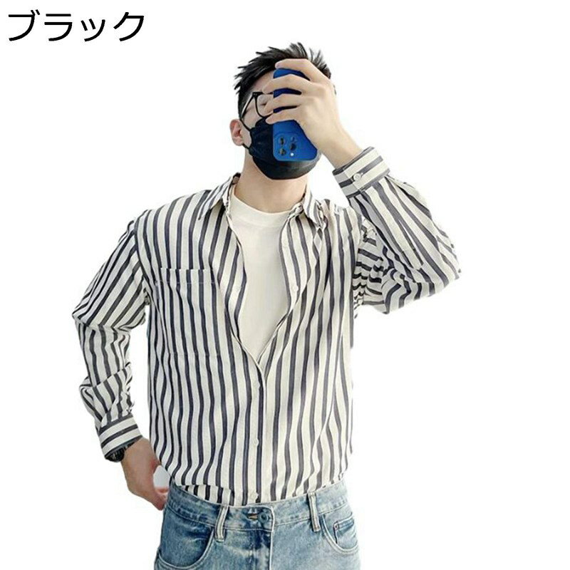 ストライプシャツ メンズ 開襟シャツ 長袖 縞柄 カジュアルシャツ M-3XL スリムフィット 紳士服 ブラウス ボタンダウン 通気性 耐摩耗 吸汗 爽やか ゆったり ルーズ 復古 アメカジ カッコイイ 春夏秋