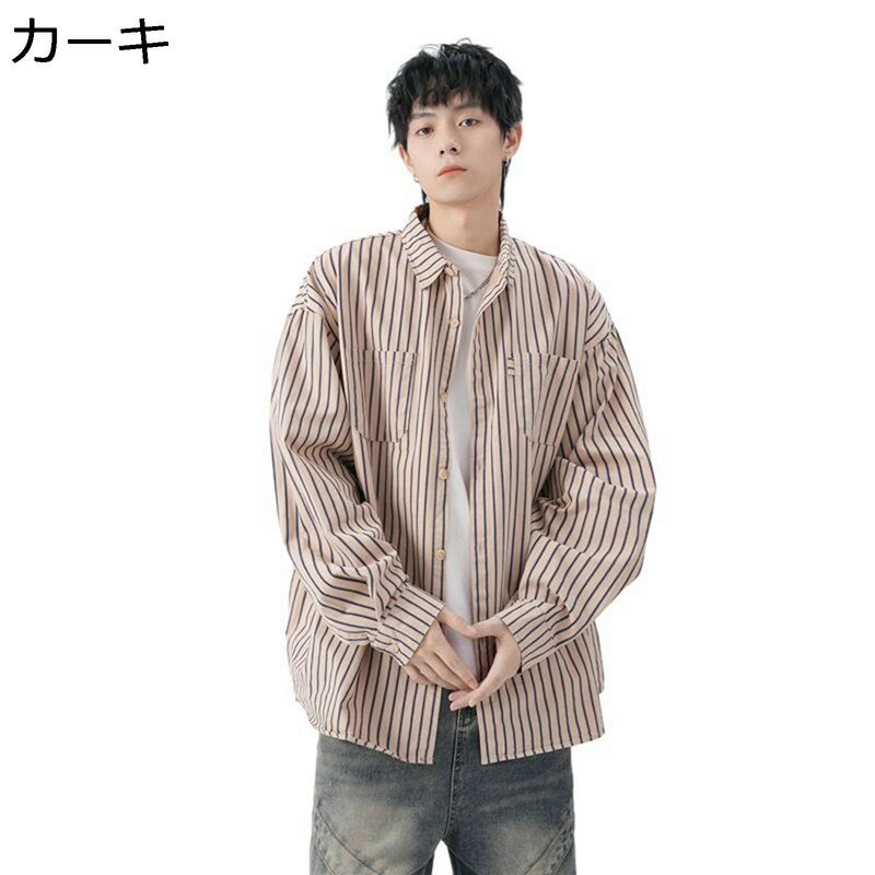 ストライプシャツ メンズ アメカジ 長袖 シャツジャケット ヴィンテージ 男女兼用 ゆったり オーバーサイズ 縞柄 開襟シャツ カジュアル ボタンダウン 通気性 厚手 透湿 ビッグサイズ 春夏服