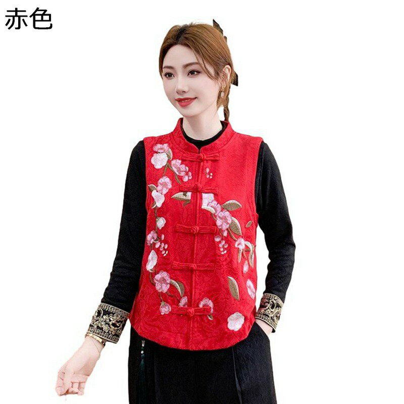 チャイナベスト レディース 梅柄 中華風 袖なし チョッキ ショート丈 刺繍 中高年 レトロ チャイナ服 ジャケット 細身 重ね着 レイヤード 前開き きれいめ 春 大きいサイズ 普段着