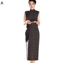 チャイナドレス チャイナワンピース チャイナ服 レディース チェック柄 袖なし ロング丈ドレス おしゃれ ファッション 優雅 かわいい チャイナ風 スリット チ...